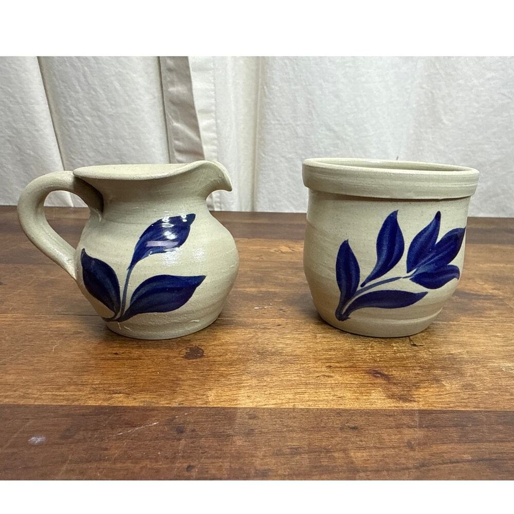 Williamsburg Pottery Creamer Sugar Bowl Salt Glaze Cobalt Blue Flower Stoneware